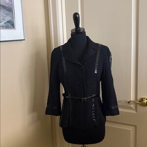 St John Couture Black Boucle Jacket with Leather Croc trim and belt Chic